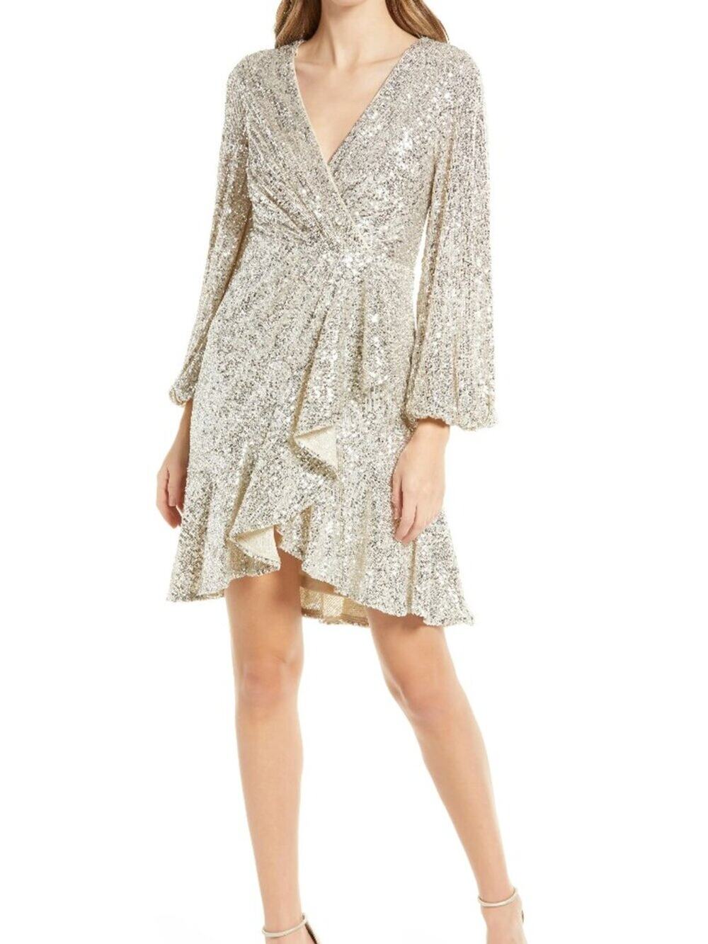 Eliza J Sequin Wrap Dress Champaign Long Sleeve Cocktail Party - 12